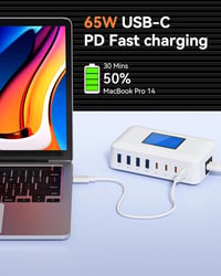 Rsydmny 200 W USB-C töltőállomás 8 porttal, PD 65 W, LCD kijelzővel - fehér 4