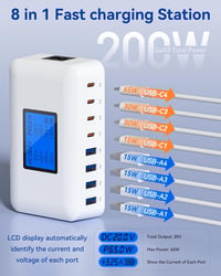 Rsydmny 200 W USB-C töltőállomás 8 porttal, PD 65 W, LCD kijelzővel - fehér 2
