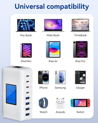 Rsydmny 200 W USB-C töltőállomás 8 porttal, PD 65 W, LCD kijelzővel - fehér 6