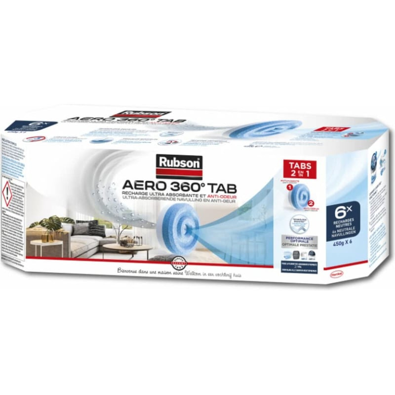 Náhradná tableta do pohlcovača vlhkosti Rubson AERO 360° – neutrálna vôňa, ultra absorpčné balenie – 6 x 450 g