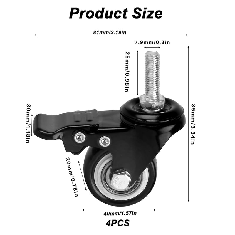RUGLAMZHIP 40mm Forgókerék Fékes Szett 4db M8 Menetes Csapággyal 50kg Terhelhetőség