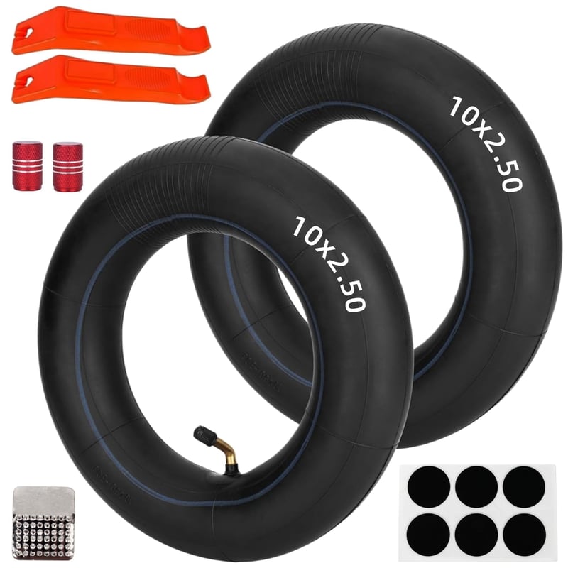 RUHUO set 2 camere de aer 10x2,50 și kit de reparații, cameră de aer de 10 inchi pentru trotinetă electrică autoechilibrată 60/70-6,5, motor în butuc 36V 48V 400W 500W 800W, valvă îndoită la 45° TR87
