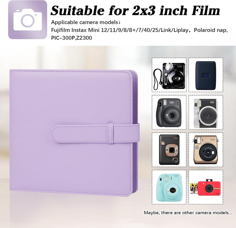 Ruibytree 360 Fotóalbum Fujifilm Instax Mini 12 11 9 40 és Polaroid Snap Instant Fényképezőgépekhez, 86x54mm Képekhez, Lila PU Bőr Borítássa