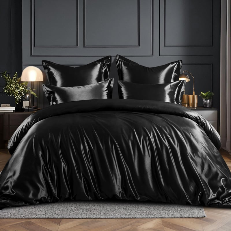 Lenjerie de pat din satin RUIKASI 200x220 cm, neagră - Husă de pilotă de lux, fină ca mătasea, benefică pentru păr și piele, lenjerie lucioasă cu fermoar și fețe de pernă 80x80 cm