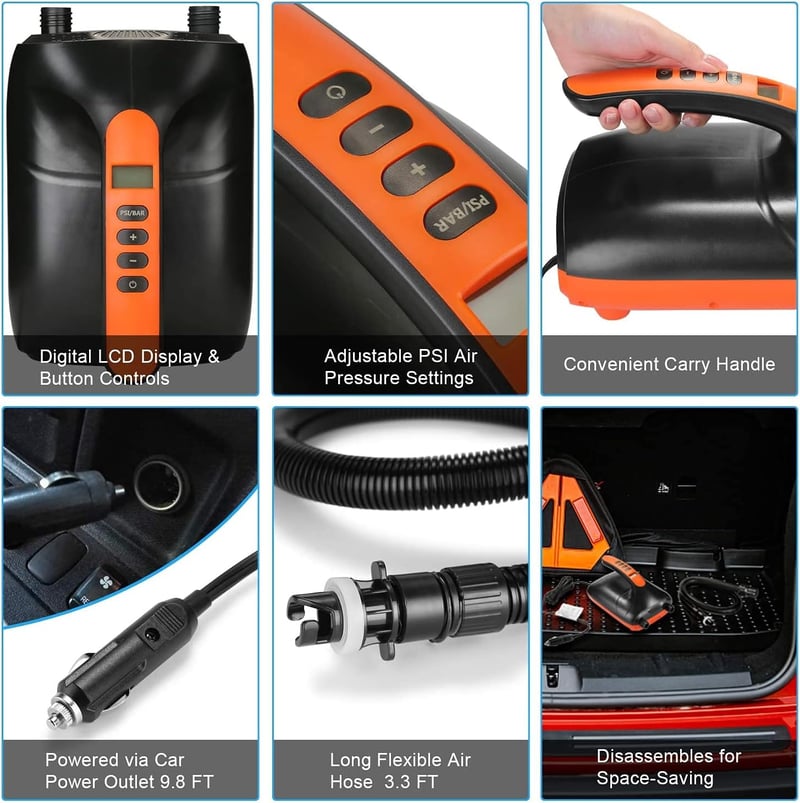 Ruitx Elektromos SUP Pumpa 20PSI 12V - Nagy Nyomású Felfújó Intelligens Kétfokozatú Automata Kikapcsolással, 6 Fúvókával