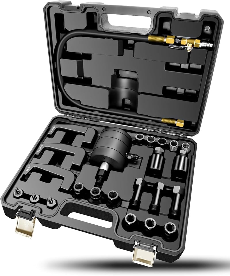RUIZHI 24 részes pneumatikus injektorfeszítő készlet 19 adapterrel Bosch Delphi Denso Siemens kompatibilis - 24 pieces
