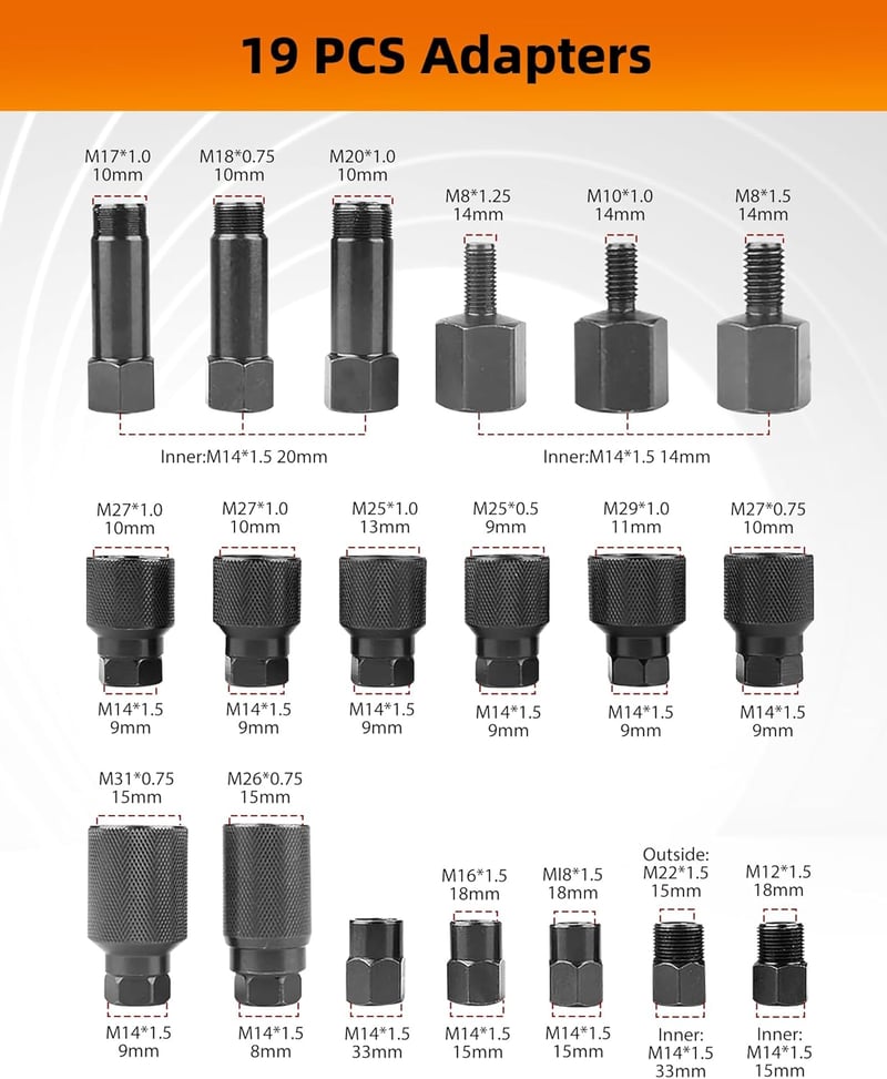 RUIZHI 24 részes pneumatikus injektorfeszítő készlet 19 adapterrel Bosch Delphi Denso Siemens kompatibilis - 24 pieces