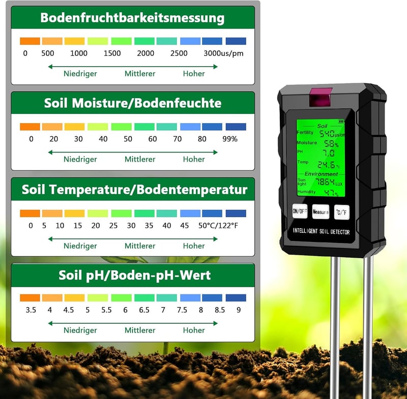 RUIZHI 6 az 1-ben talajmérő pH nedvesség hőmérséklet fényintenzitás talaj tápanyagtartalom kert és növények számára