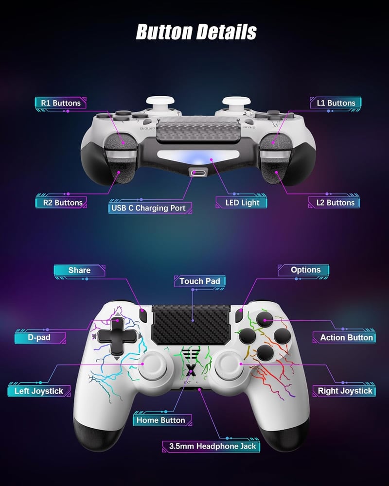 RUIZHI PS4 Wireless Controller fehér - Playstation 4 kompatibilis, Turbo, Dual Vibration, Gyro Sensor