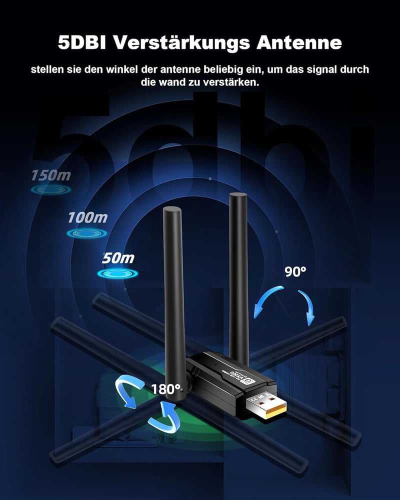 RUIZHI WiFi 6 WLAN Adapter PC-hez, AX900Mbps Bluetooth USB Dongle 5DBI Antennával, Dual Band 2.4G/5GHz, MU-MIMO WPA3