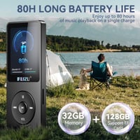 MP3 prehrávač RUIZU 64 GB s funkciou Bluetooth 5.3, 1,8-palcovým displejom, 80-hodinovou výdržou prehrávania, FM rádiom, diktafónom a možnosťou rozšírenia o 128 GB 4