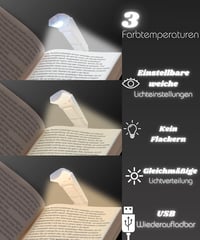 Runesol Fehér könyvszorítós olvasólámpa USB tölthető LED fény 3 szemkímélő mód 80 óra üzemidővel 2