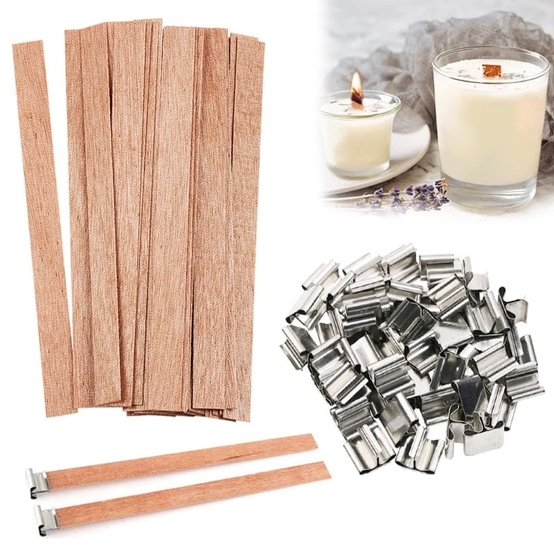 Runmeihe 25 bucăți fitil de lemn pentru lumânări cu 25 de suporți metalici, fitil natural din lemn fără fum pentru confecționarea lumânărilor DIY, accesorii artizanale ecologice