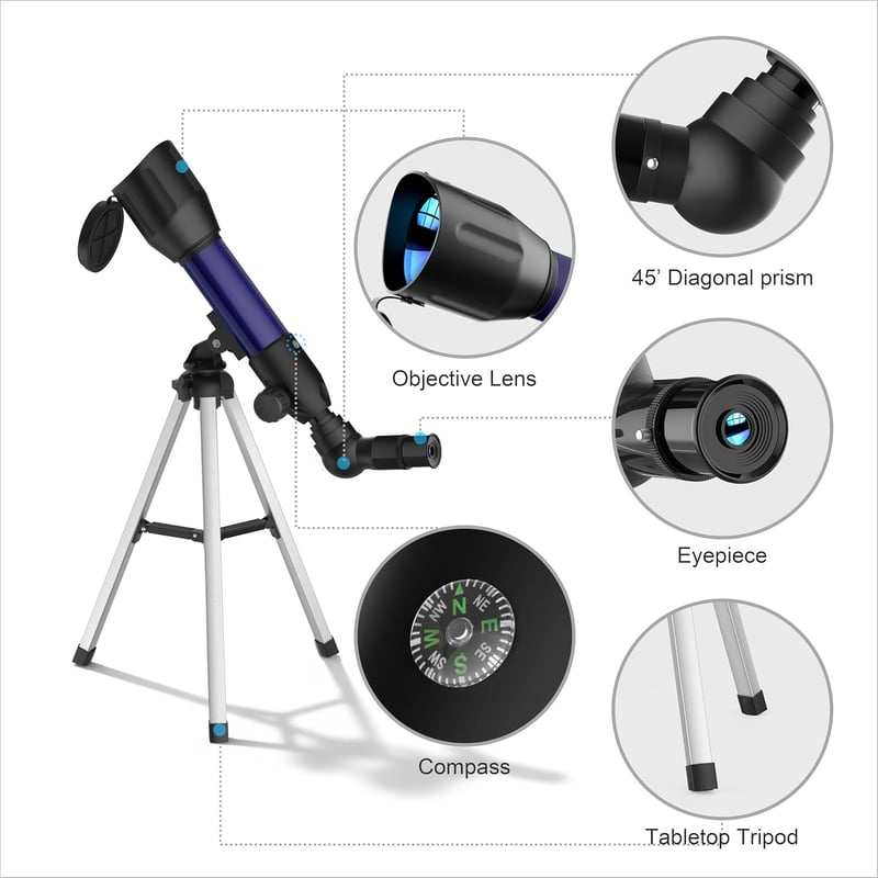 Runprism Csillagászati Távcső Gyerekeknek 360/50mm - Kék Hordozható Refraktoros Teleszkóp Kezdőknek, Égbolt és Táj Megfigyeléshez, Ajándék A