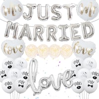 Set Decor Decorațiuni Nuntă Runyuzi Just Married - Set 35 Baloane, Baloane din Folie Argintie, Baloane Rotunde Love Mr & Mrs, Decor pentru Mașină și Masă 1