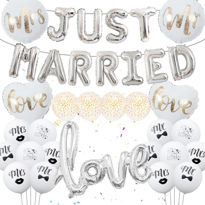 Set Decor Decorațiuni Nuntă Runyuzi Just Married - Set 35 Baloane, Baloane din Folie Argintie, Baloane Rotunde Love Mr & Mrs, Decor pentru Mașină și Masă