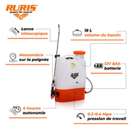 Elektrický postrekovač RURIS RS 1800 s 18-litrovou nádržou, 12V 8Ah batériou, teleskopickou kovovou tyčou, výdržou 4 hodiny, oranžový 2