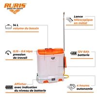 Elektrický postrekovač RURIS RSE 1400S – 14 l nádrž, 12V 8Ah batéria, teleskopická kovová tyč, tlak 6 bar, automatické miešanie, oranžová 2