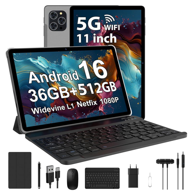 11-palcový tablet RUSHAR, Android 15, 36 GB RAM + 256 GB ROM (2 TB TF), 5G/2,4G WiFi, osemjadrový procesor 2,0 GHz, 2000x1200, 8000 mAh, 13 MP + 8 MP, GPS, rozpoznávanie tváre