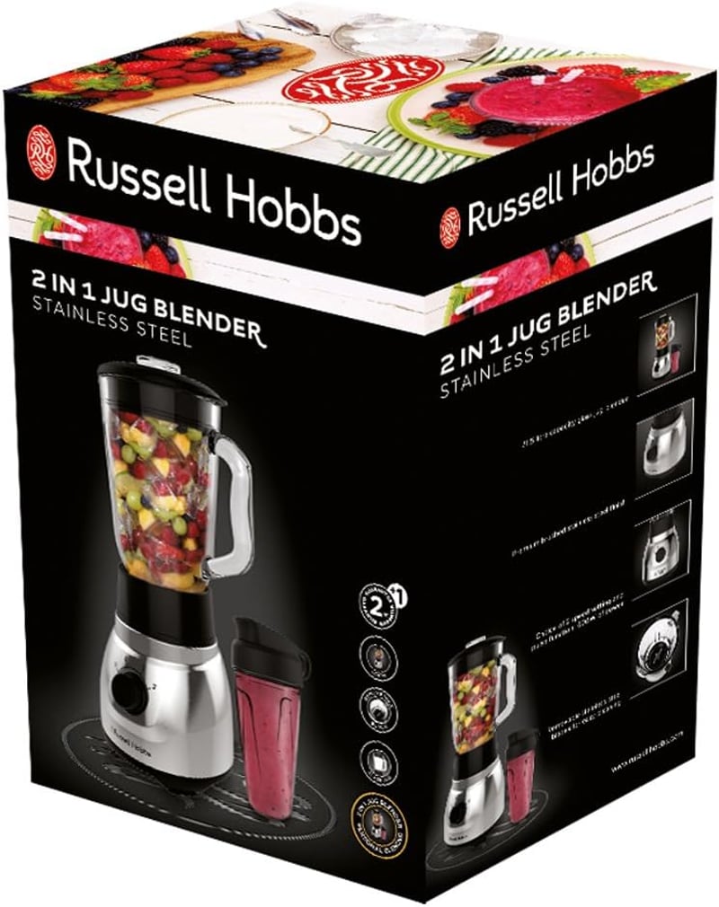 Russell Hobbs 2 az 1-ben Turmixgép Üveg Tartállyal, Hordozható Pohárral és 0.8 LE Motorral
