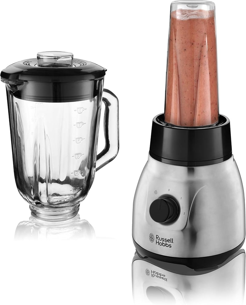 Russell Hobbs 2 az 1-ben Turmixgép Üveg Tartállyal, Hordozható Pohárral és 0.8 LE Motorral