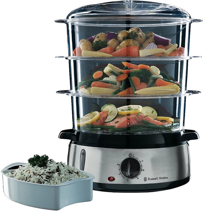 Russell Hobbs 9L gőzöző 60 perces időzítővel, 3 edénnyel, rizsfőző és tojástartó, BPA-mentes