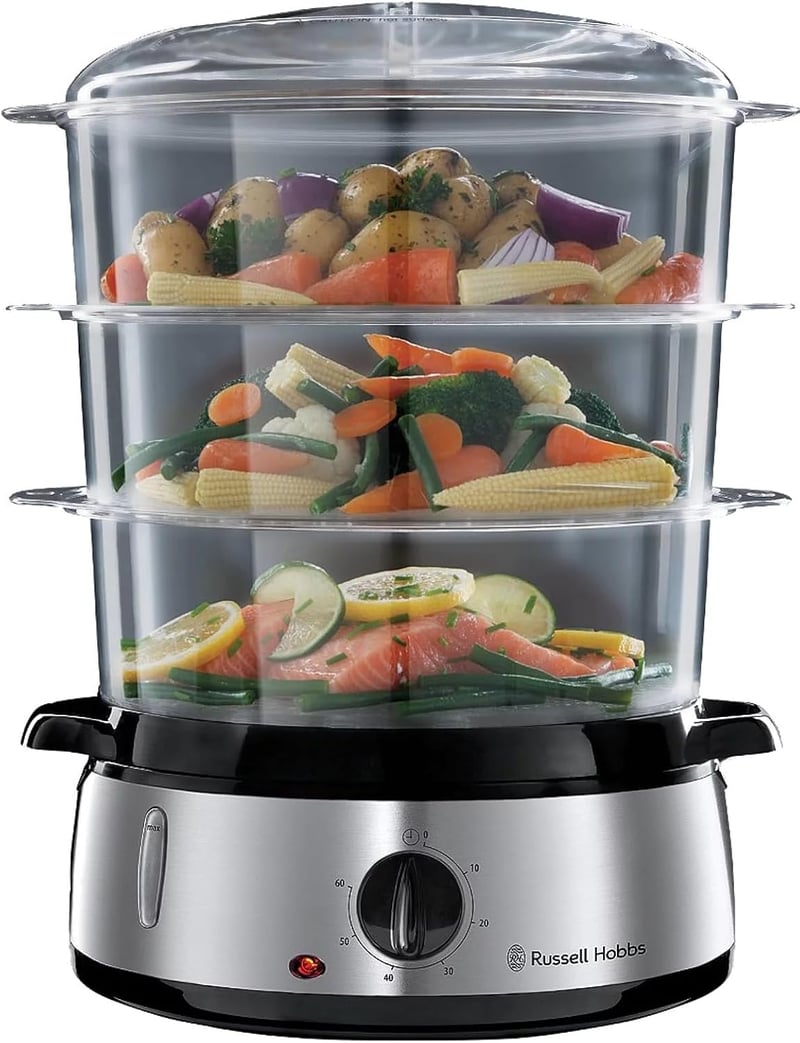 Russell Hobbs 9L gőzöző 60 perces időzítővel, 3 edénnyel, rizsfőző és tojástartó, BPA-mentes