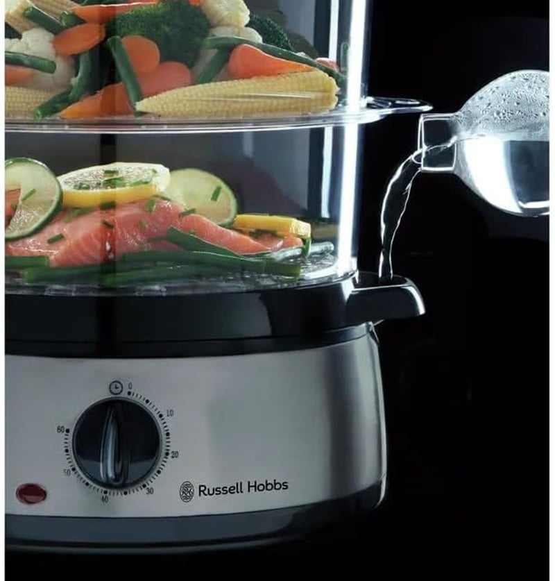 Russell Hobbs 9L gőzöző 60 perces időzítővel, 3 edénnyel, rizsfőző és tojástartó, BPA-mentes