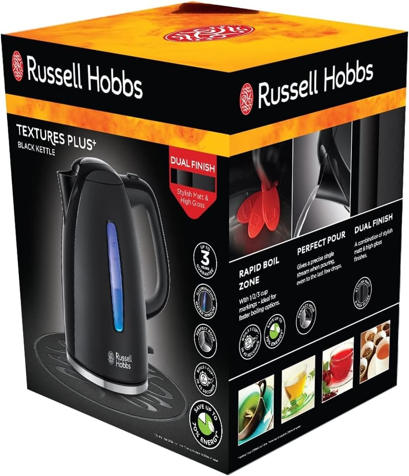 Russell Hobbs Textures+ 1,7L Vízforraló 2400W LED Világítás Gyors Fűtés Fekete