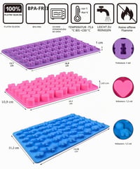 Set 3 forme din silicon pentru ciocolată RUUKON - Tăvițe pentru cuburi de gheață cu modele de ursuleți, inimi și dinozauri, cu 2 pipete, antiaderente, forme reutilizabile pentru copt 2
