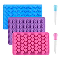 Set 3 forme din silicon pentru ciocolată RUUKON - Tăvițe pentru cuburi de gheață cu modele de ursuleți, inimi și dinozauri, cu 2 pipete, antiaderente, forme reutilizabile pentru copt 1