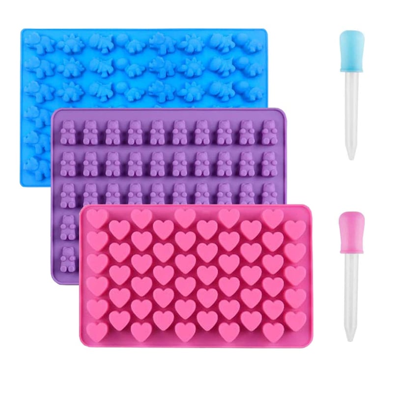 Set 3 forme din silicon pentru ciocolată RUUKON - Tăvițe pentru cuburi de gheață cu modele de ursuleți, inimi și dinozauri, cu 2 pipete, antiaderente, forme reutilizabile pentru copt