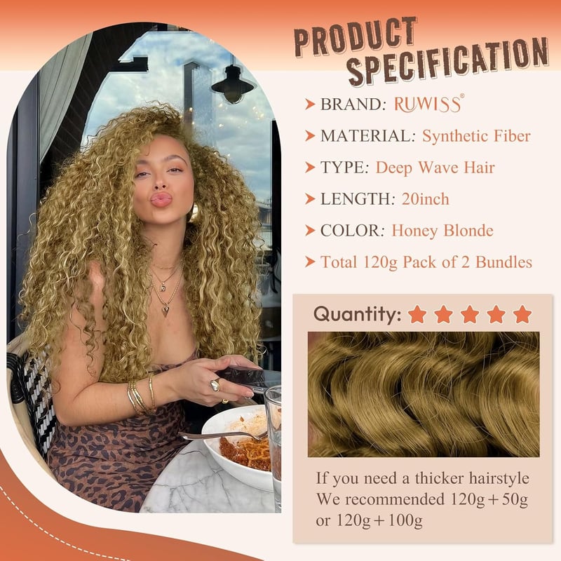 RUWISS 20 Inch Deep Wave Szintetikus Hajhosszabbítás Boho Fonáshoz 2 Csomag Méz Szőke
