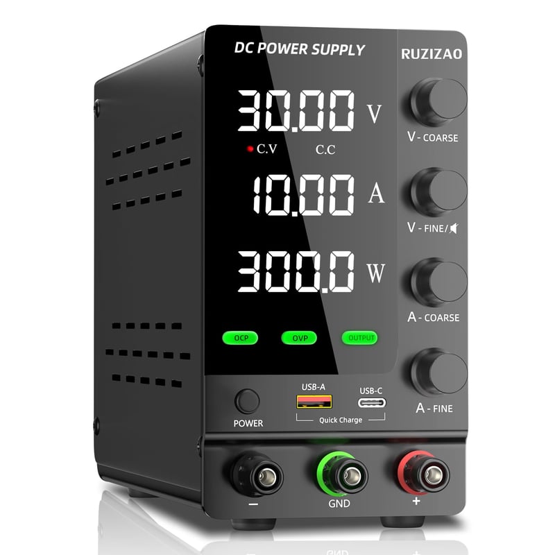 RUZIZAO Laboratóriumi Tápegység 30V 10A Szabályozható DC Kapcsolóüzemű Áramforrás OCP/OVP Védelemmel USB-A/Type-C Gyorstöltéssel