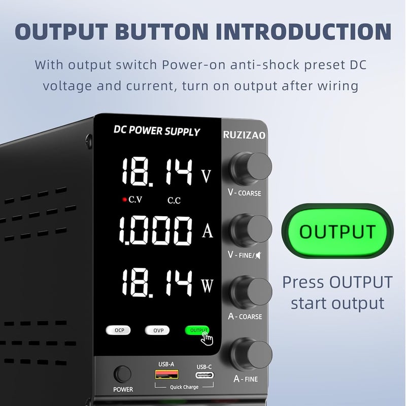 RUZIZAO Laboratóriumi Tápegység 30V 10A Szabályozható DC Kapcsolóüzemű Áramforrás OCP/OVP Védelemmel USB-A/Type-C Gyorstöltéssel