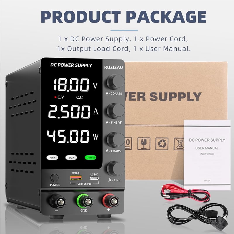 RUZIZAO Laboratóriumi Tápegység 30V 10A Szabályozható DC Kapcsolóüzemű Áramforrás OCP/OVP Védelemmel USB-A/Type-C Gyorstöltéssel