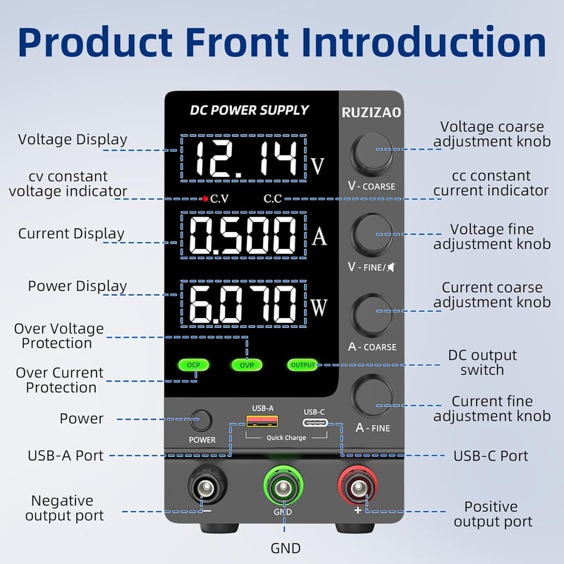 RUZIZAO Laboratóriumi Tápegység 30V 10A Szabályozható DC Kapcsolóüzemű Áramforrás OCP/OVP Védelemmel USB-A/Type-C Gyorstöltéssel