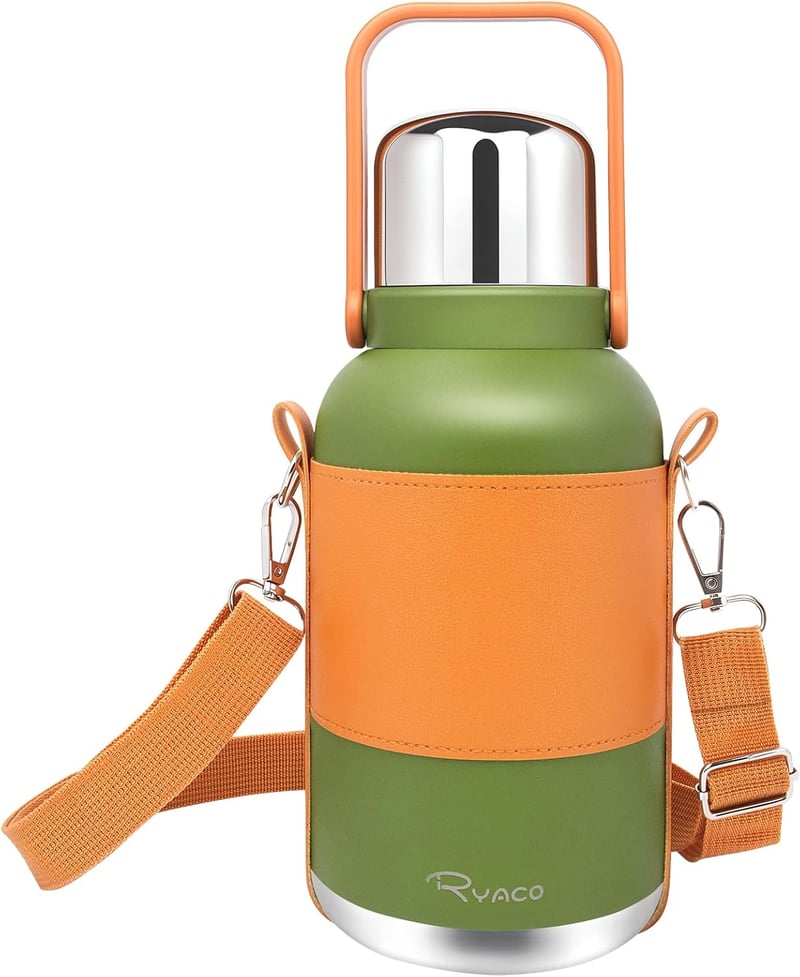 RYACO 1.2L rozsdamentes acél termikus vizes palack, BPA mentes, szíjjal - zöld