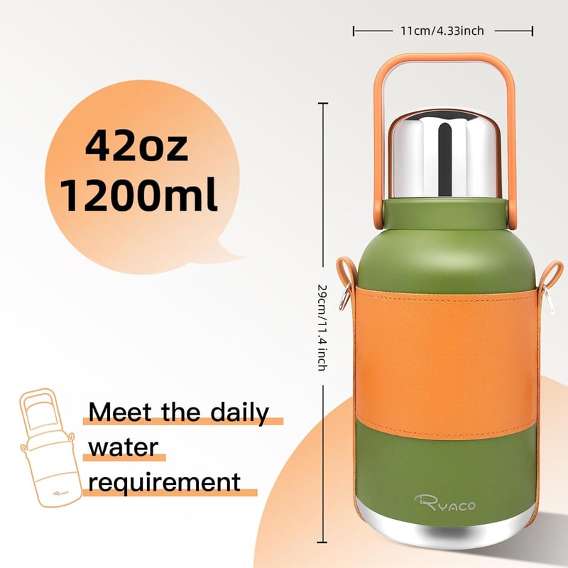 RYACO 1.2L rozsdamentes acél termikus vizes palack, BPA mentes, szíjjal - zöld