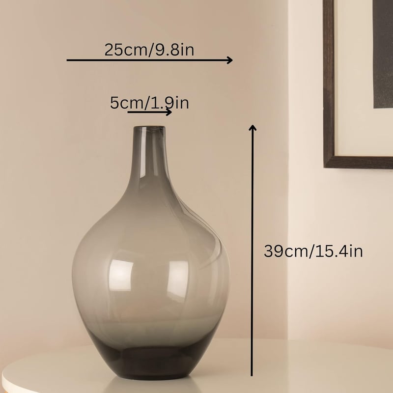 RyddeligHome XXL padlóváza pampashoz, 39 cm magas, kerek üvegváza szürke