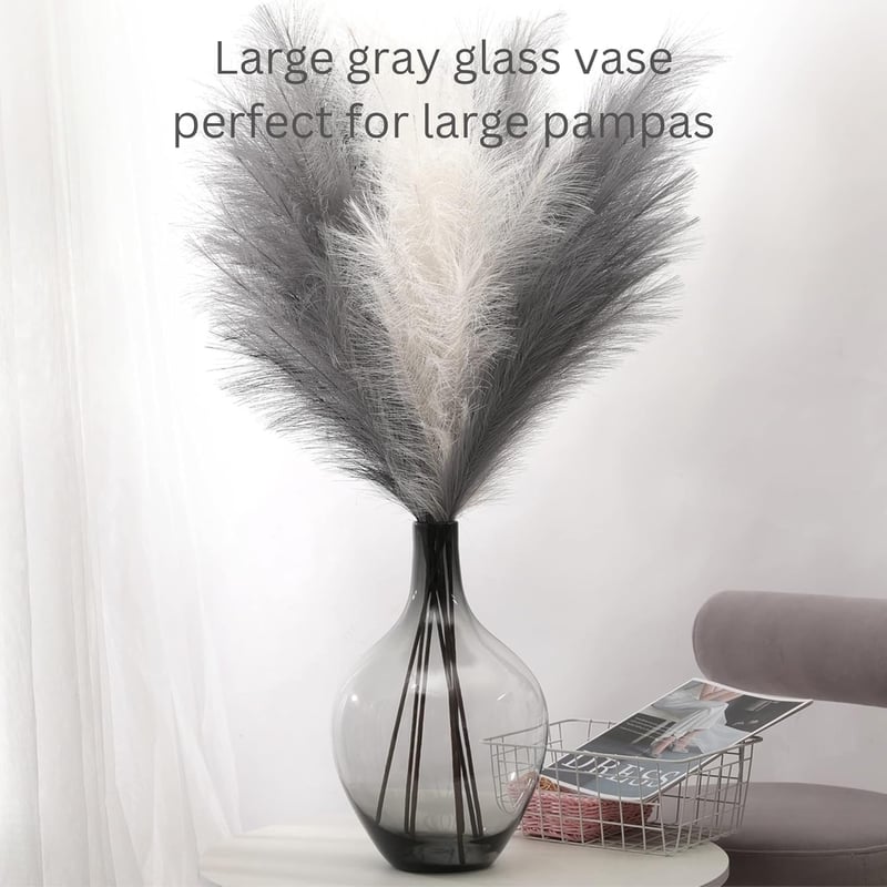 RyddeligHome XXL padlóváza pampashoz, 39 cm magas, kerek üvegváza szürke