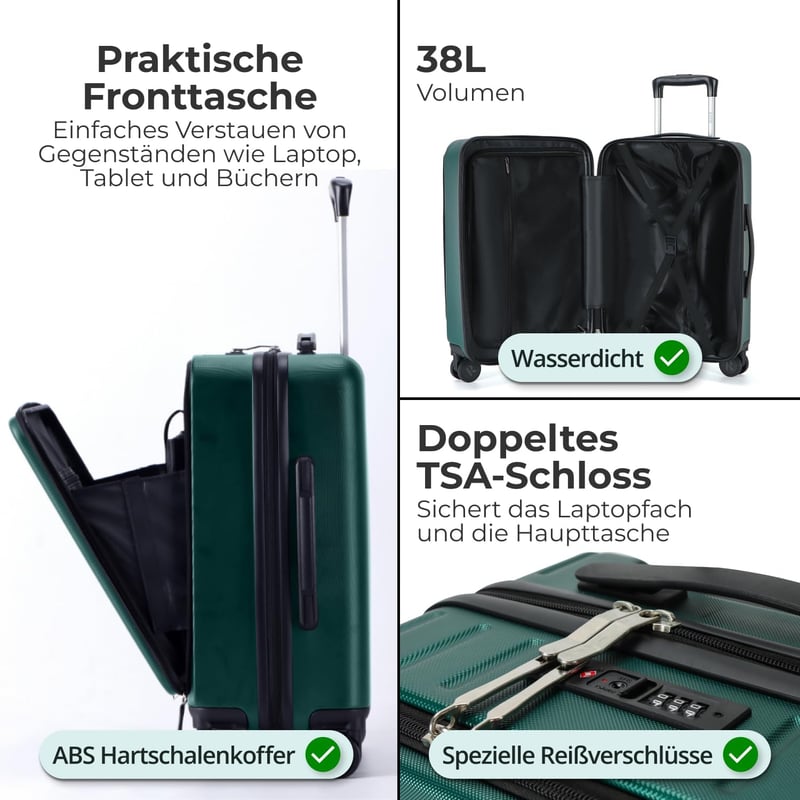RYER Fedélzeti Bőrönd Laptoptartóval - Kemény ABS Utazóbőrönd Dupla TSA Zárral - Vízálló Kabinbőrönd Névtáblával - 54x36x23 cm Zöld