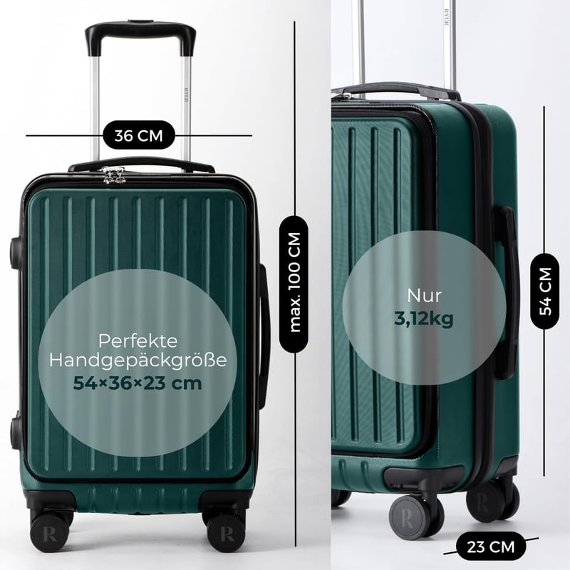 RYER Fedélzeti Bőrönd Laptoptartóval - Kemény ABS Utazóbőrönd Dupla TSA Zárral - Vízálló Kabinbőrönd Névtáblával - 54x36x23 cm Zöld