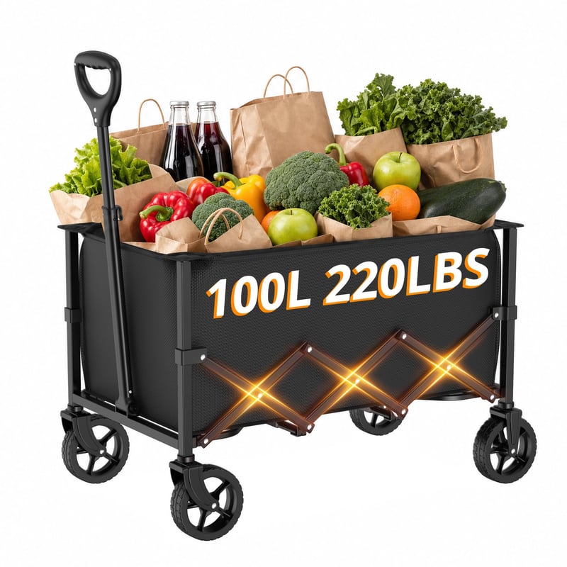 Skladací záhradný vozík RYGEO s nastaviteľnou rukoväťou, objem 100 l, nosnosť 220 libier (cca 100 kg), čierny, vhodný na kempovanie, do záhrady a na pláž