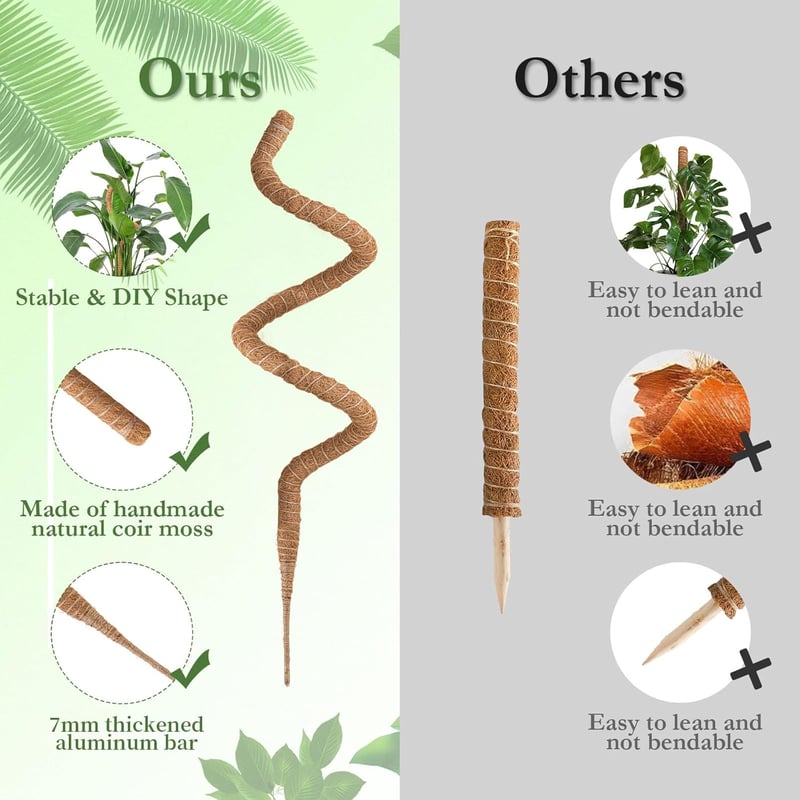 Ryhx Monstera Növénytámasz Szett - 120 cm Hajlítható Kókuszrost Karó Kúszónövényekhez, 2 db Természetes Mohaoszlop Szobanövényekhez