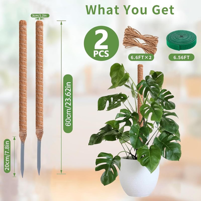 RYHX 60 cm Mohabot Szett - 2 db Hajlítható Kókuszrost Növénytámasz Monstera Növényekhez, Beltéri Kúszónövény Támasz Kiegészítőkkel