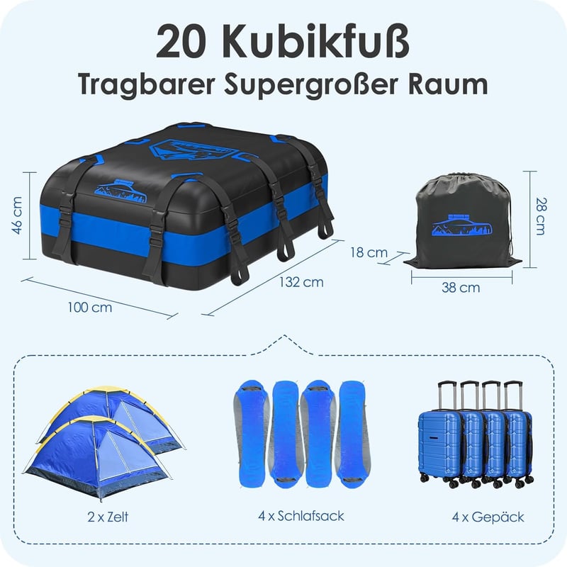 Rymopuey 566L összecsukható tetőbox kék, vízálló autó tetőtáska csúszásmentes alátéttel - 20 cubic blue