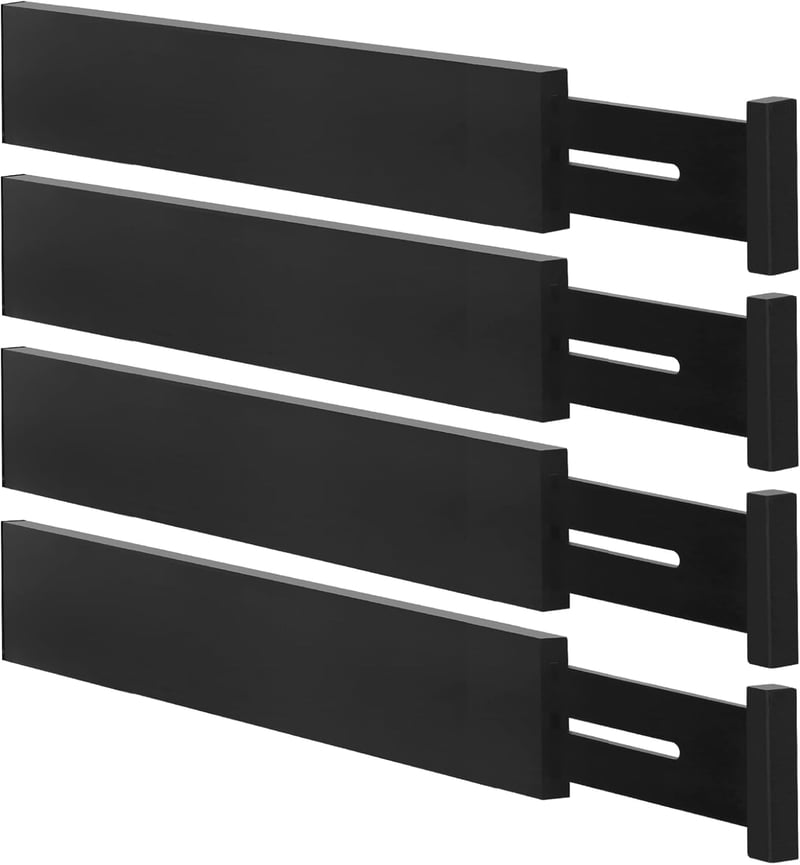 Ryqtop bambusz fiók rendszerező szett, állítható fiók osztó 4 darab, konyha hálószoba fürdőszoba - 12-17 IN, Black