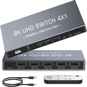 Rytaki 4 az 1-ben HDMI 2.1 kapcsoló, 8K/60Hz, 4K/240Hz, HDR, távirányítóval, alumínium