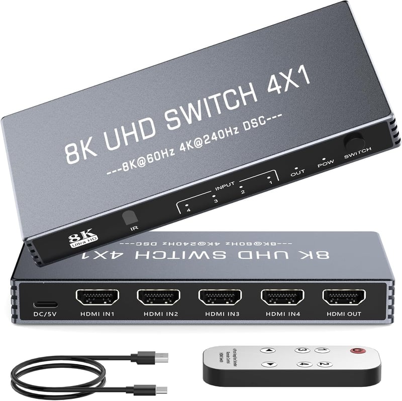 Rytaki 4 az 1-ben HDMI 2.1 kapcsoló, 8K/60Hz, 4K/240Hz, HDR, távirányítóval, alumínium